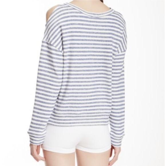 BCBGMAXAZRIA Eznei Pure Cotton Cold Shoulder Cutout Knit Gray Striped Blouse - Picture 2 of 9